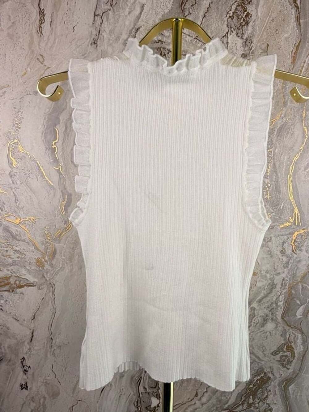 Commense Tank Top Size M White Ribbed Knit Ruffle Mock Neck - Picture 2 of 9